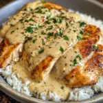 Creamy Smothered Chicken and Rice 5 A hearty plate of creamy smothered chicken served over fluffy rice, garnished with fresh parsley