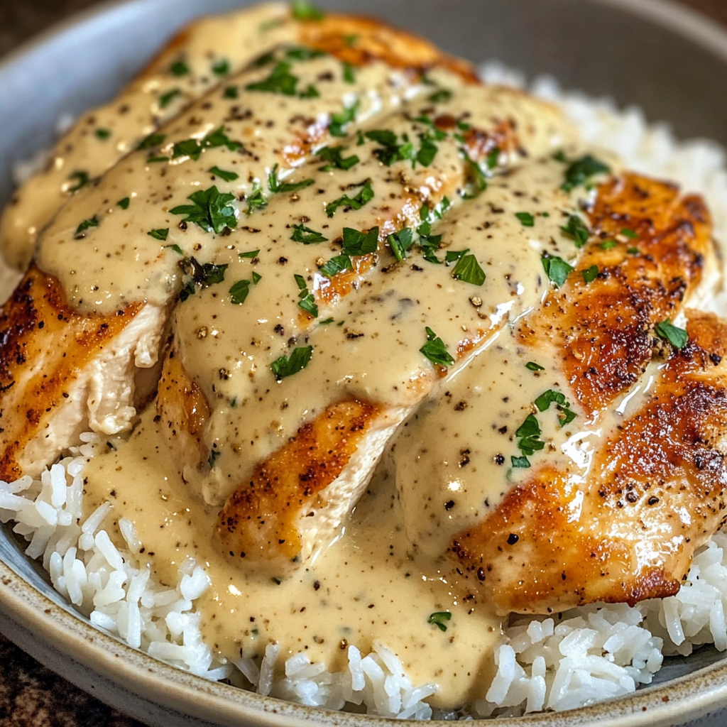 Creamy Smothered Chicken and Rice 3 A hearty plate of creamy smothered chicken served over fluffy rice, garnished with fresh parsley