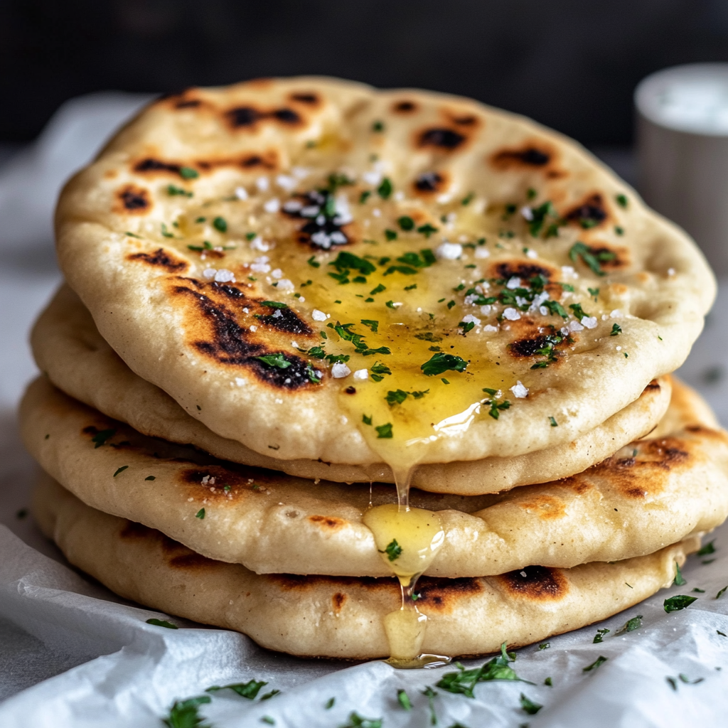 Garlic Flatbread in the Air Fryer 3 hilal mustapha Side view of a stack of garlic naan with melted d654caeb 7c36 4138 8c4e 6ed72bde7968