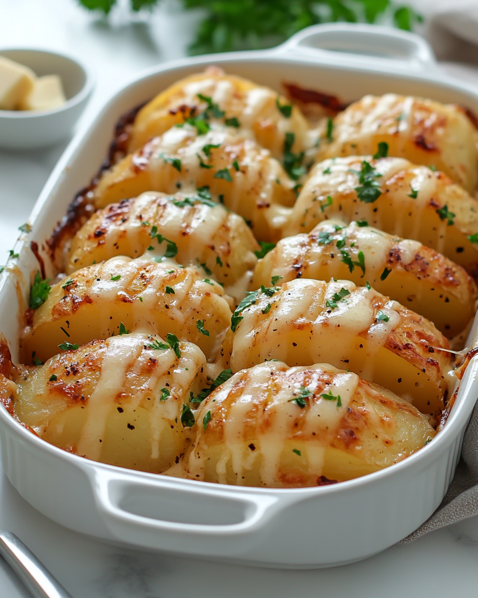 Baked Garlic Butter Potatoes 3 inesboulila A modern kitchen scene showcasing baked garlic butt 5ecfbfa0 0574 4f81 957f 4e518736d196