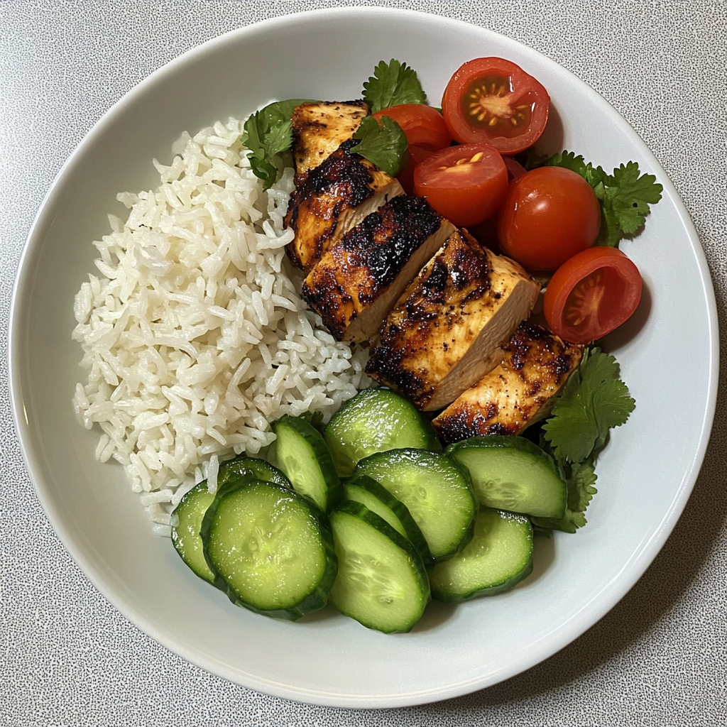 Spicy Salmon Bowls with Coconut Rice 3 inesboulila plate of rice and chicken and avocado and cucumber bc31e6b4 a474 4632 9eda 769629a0fa8e