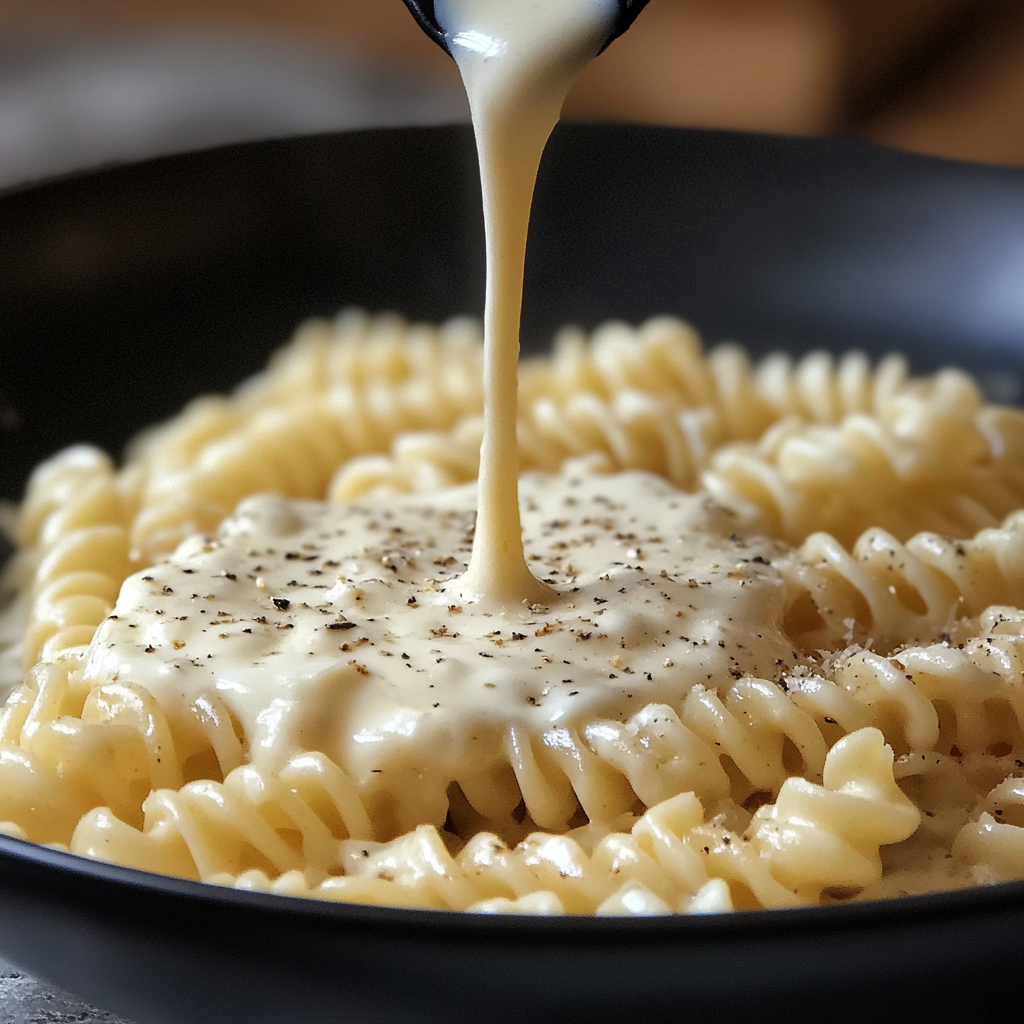 Creamy Garlic Pasta: Your Ultimate Comfort Food 3 skategang Fusilli in un piatto nero with Bechamel sauce poured e7f3a67e 5e0c 42e8 9487 886d3f56d266