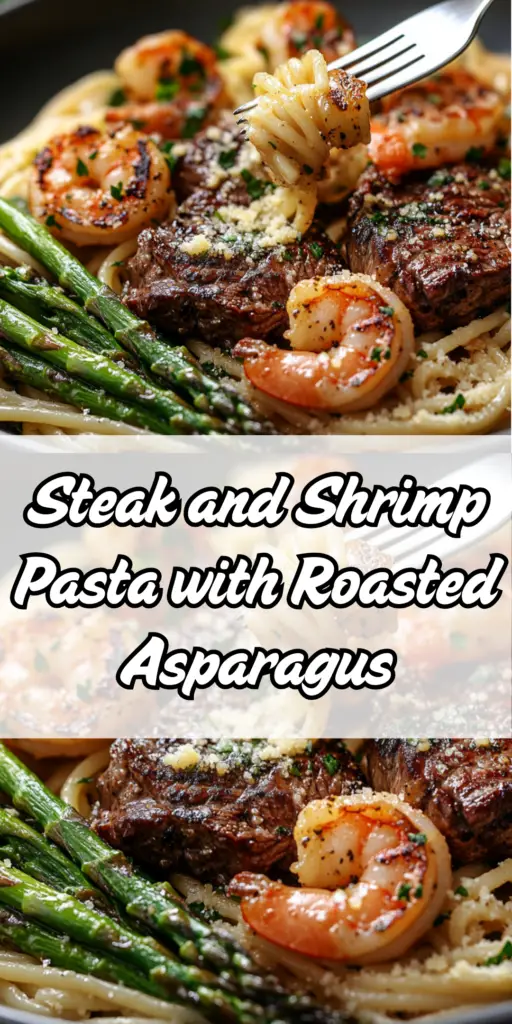 Delicious Steak and Shrimp Pasta with Roasted Asparagus Recipe 4 22 28