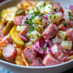 Swiss/German Sausage Salad 5 inesboulila A close up shot of a SwissGerman sausage salad in a 24e973b5 247d 4a65 85de dcfab76408a7