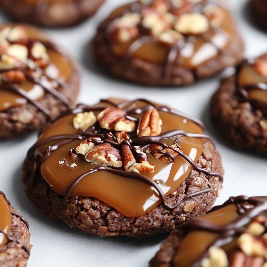 Chocolate Turtle Cookies 3 inesboulila A close up shot of decadent chocolate turtle cookie 1b25afd2 5661 4d70 97d9 fae90b88a13b
