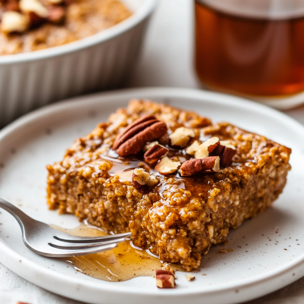 Vegan Baked Pumpkin Oatmeal 3 inesboulila A cut piece of freshly baked vegan pumpkin oatmeal 98de4a3e 5e05 40f8 ba8c e01b9fad2ab7