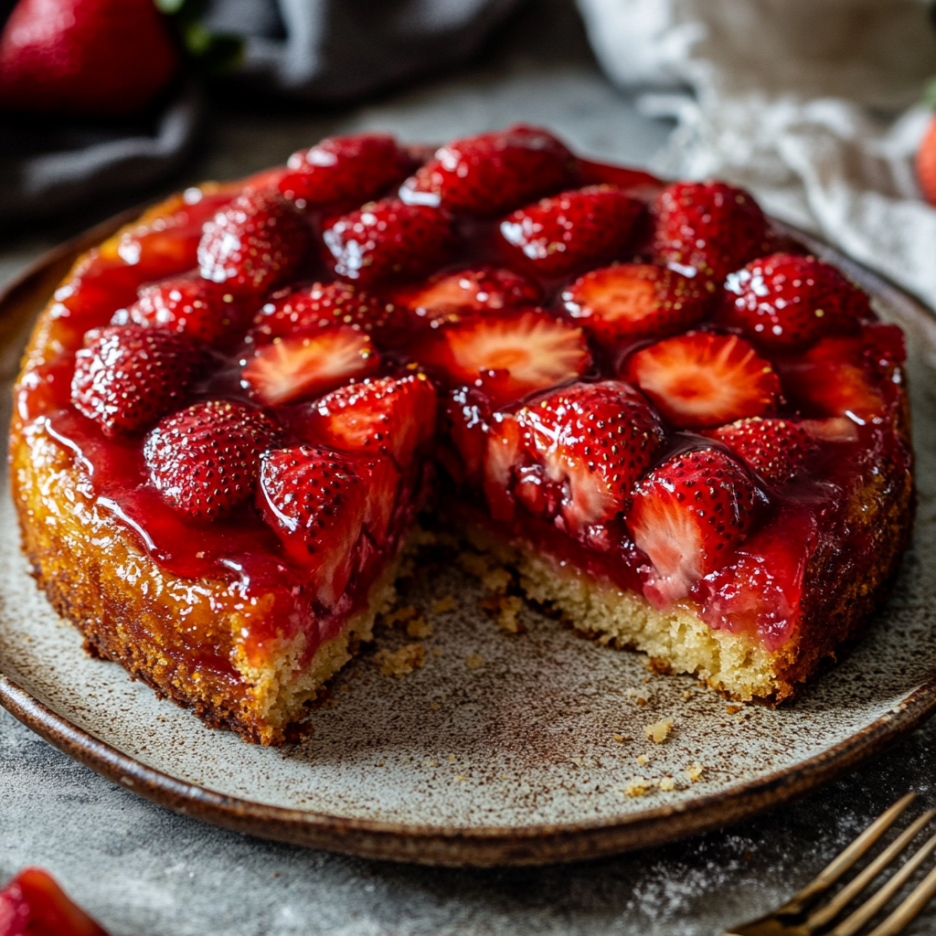 Delicious Fresh Strawberry Upside Down Cake Recipe 3 inesboulila A freshly baked strawberry upside down cake with a 2b656224 4893 4daa 8442 f3608866bbe7