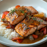Caribbean Brown Stew Salmon 5 inesboulila A plate of Caribbean Brown Stew Salmon featuring tw afcf4e09 1631 4b4d 83aa 25531a81efc3