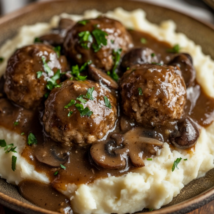 Salisbury Steak Meatballs and Gravy 3 inesboulila A plate of Salisbury Steak Meatballs and Gravy feat 0672952a 5d7f 411b 9f5e 47771bf916dd