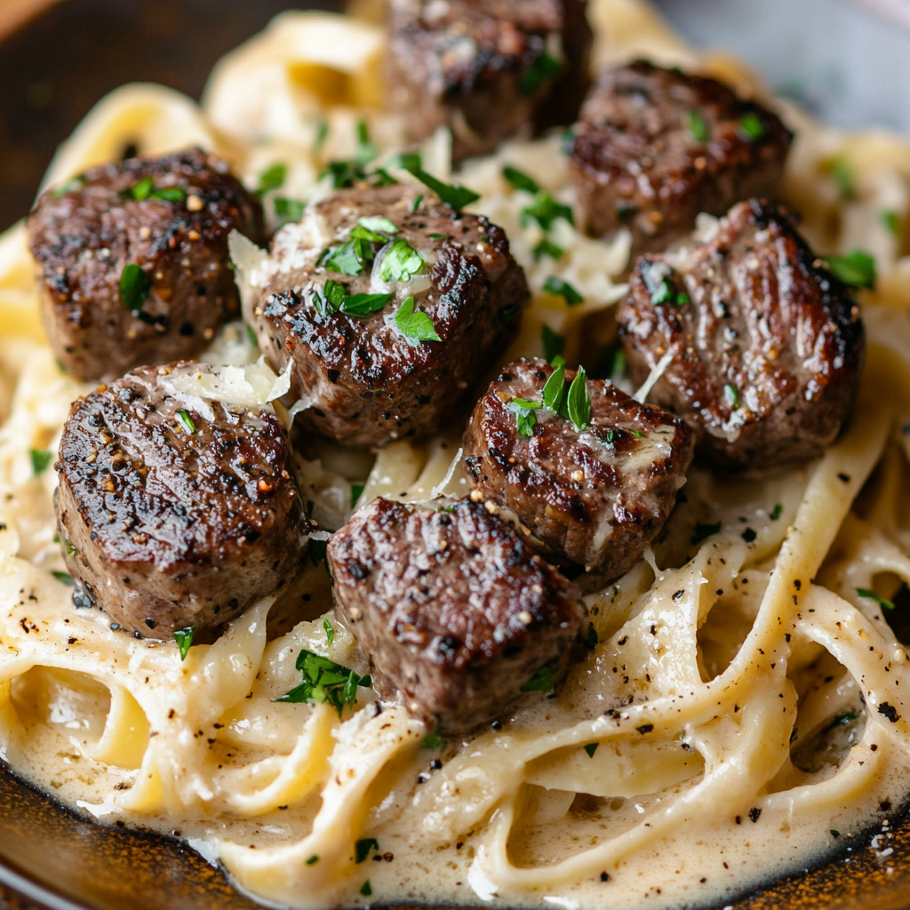 Garlic Butter Steak Bites with Creamy Parmesan Pasta 3 inesboulila A plate of garlic butter steak bites served over cr 6671f3d7 562d 4c65 8be4 672aa0490451