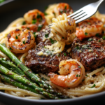 Delicious Steak and Shrimp Pasta with Roasted Asparagus Recipe 5 inesboulila A plate of steak and shrimp pasta featuring tender 5a01895a 0f3a 4b45 8907 fc2a53f4dd73