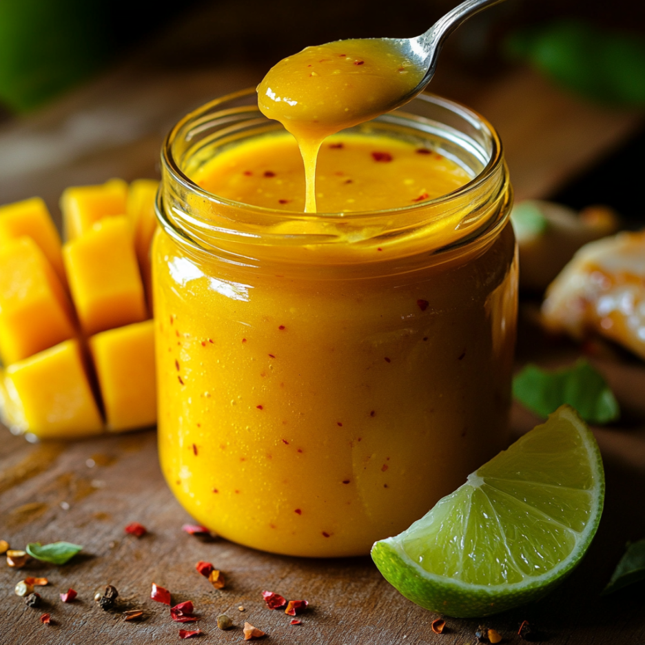 Delicious Mango Sauce: Perfect for Chicken, Fish, and Seafood 3 inesboulila A rustic glass jar filled with smooth golden mango 7e5b1b4d 253e 42af aabd c3e60682c7e8