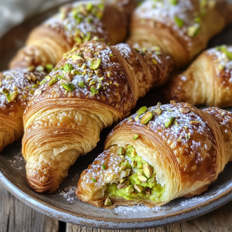 Easy Pistachio Croissants: A Sweet, Nutty Breakfast Pastry 3 inesboulila A rustic plate of golden flaky croissants each gene 18b623b5 dc27 4e77 87ba e914f899edc9