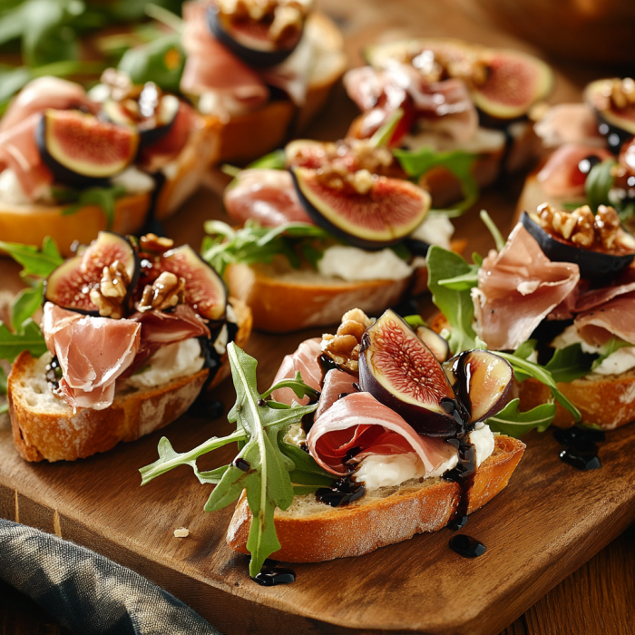 Gourmet Prosciutto Crostini with Balsamic Drizzle – A Deliciously Elegant Appetizer 3 inesboulila A rustic platter of gourmet prosciutto crostini arr cbb48bfe 01ea 4864 9869 dd2649121bc9