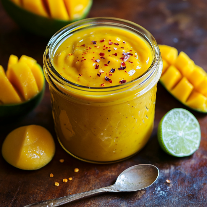 Sweet and Spicy Mango Salad Dressing 3 inesboulila A small glass jar filled with vibrant golden mango b04c4072 3c49 433f 9510 2839a72fb7bf