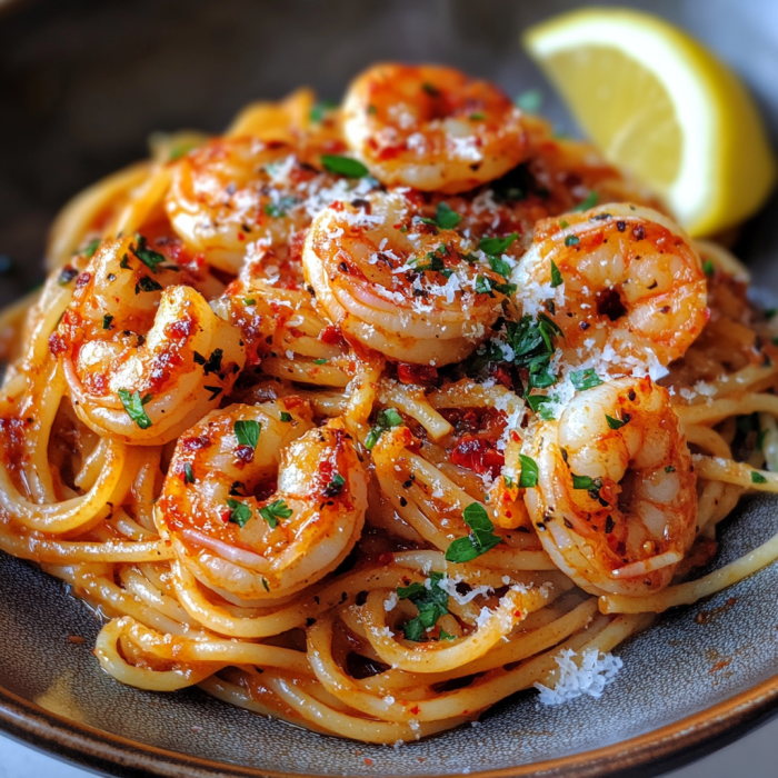 Zesty Garlicky Calabrian Chili Pasta with Shrimp 3 inesboulila A steaming plate of Garlicky Calabrian Chili Pasta ff7a6072 7082 42c2 9592 568386760058