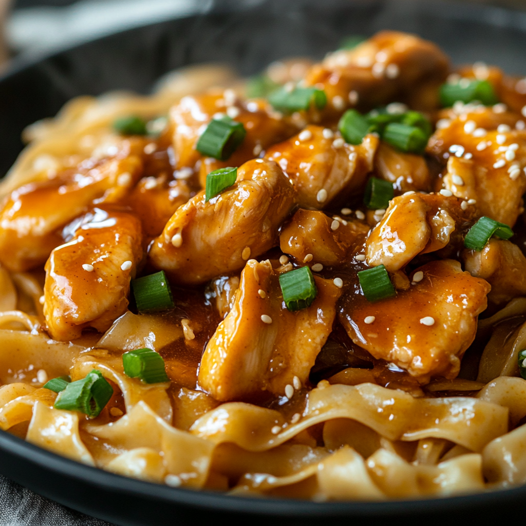 One-Pot Honey Garlic Chicken and Noodles 3 inesboulila A steaming plate of honey garlic chicken and flat n 53ef9a95 8db9 4274 a93f ad39dce18a27