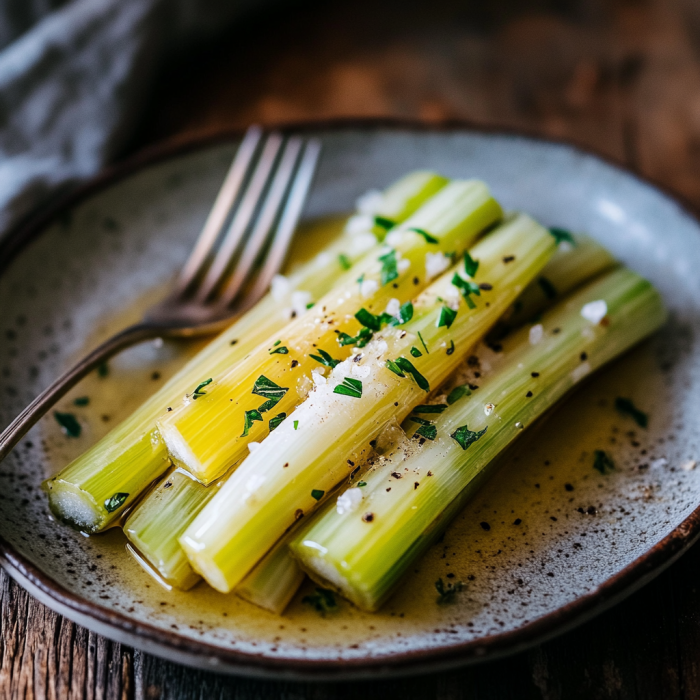Leeks Vinaigrette: A Simple & Elegant French Recipe 3 inesboulila Tender poached leeks arranged neatly on a rustic ce be1673e8 45b4 430e b031 f97a814df43b