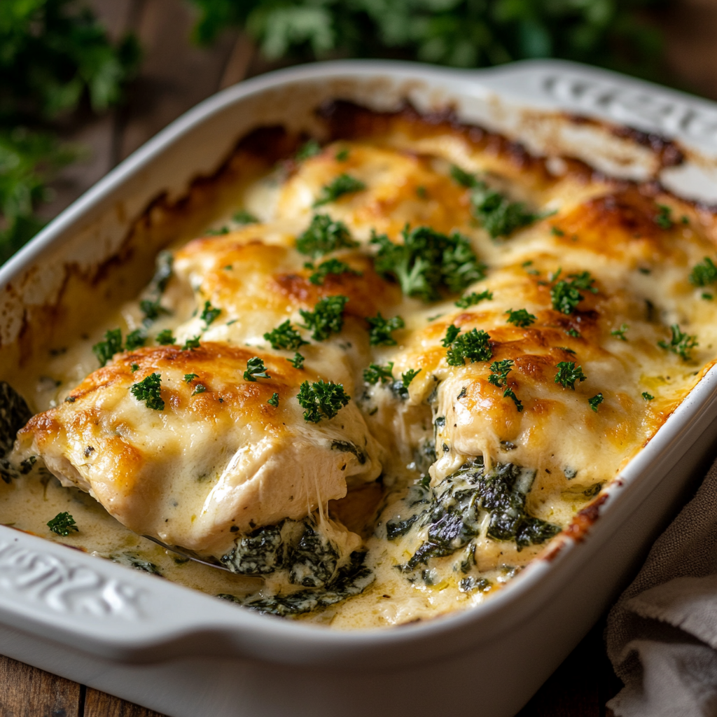 Easy Cheesy Spinach Chicken Casserole Recipe 2 inesboulila A baking dish filled with Easy Cheesy Spinach Chick 8360d537 636a 463a 8070 f74f8c07ffee