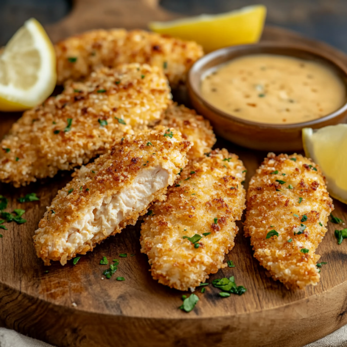 Crispy Baked Chicken Tenders with Garlic Parmesan: A Healthy and Flavorful Alternative 2 inesboulila A beautifully plated dish of crispy baked chicken t bb00d4f9 b773 4250 9799 9938b0162ea6