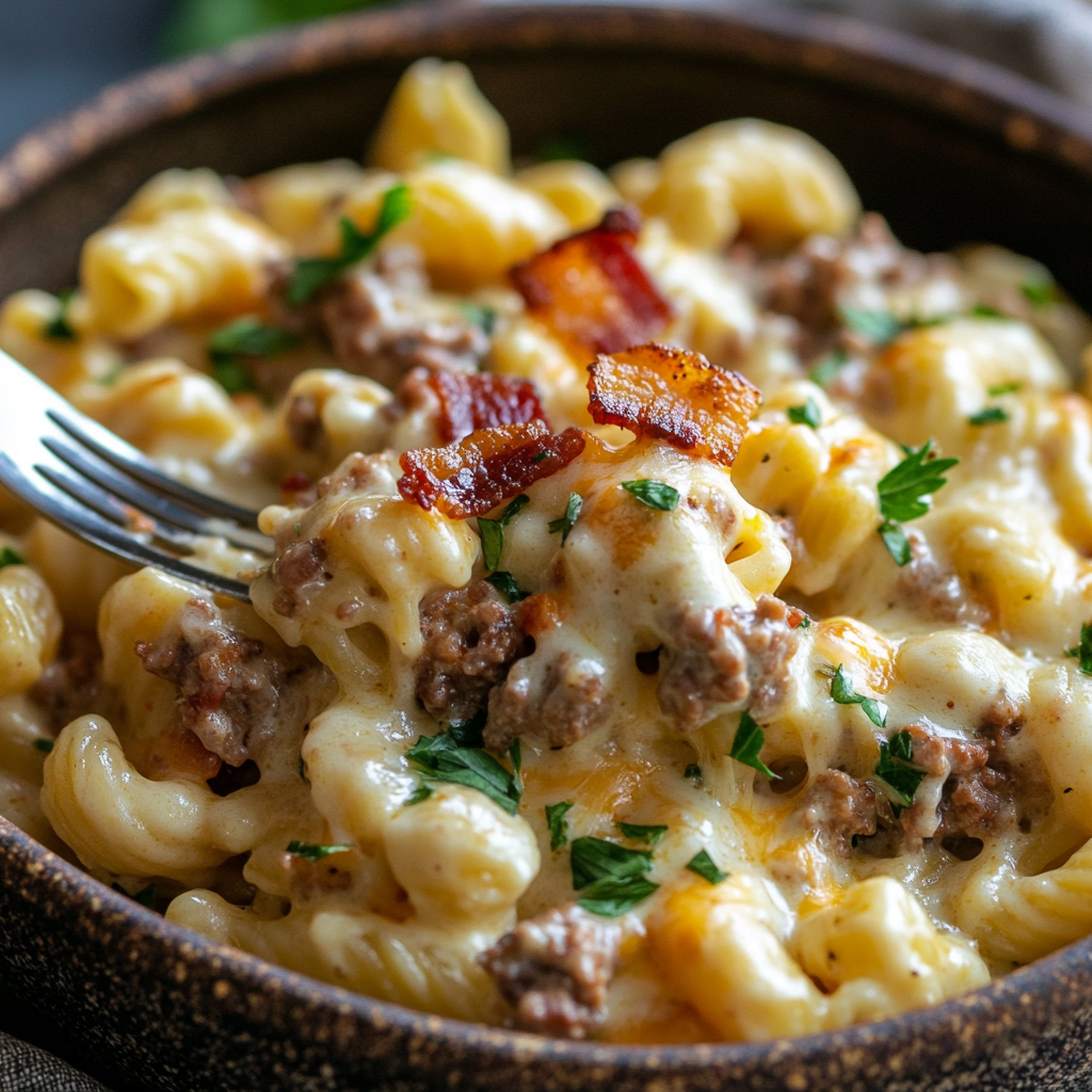 Ultimate Loaded Beef Cheeseburger Alfredo Pasta Recipe 2 inesboulila A bowl of Ultimate Loaded Beef Cheeseburger Alfredo a80acf90 5a18 4c00 974b c5fef4c6185f
