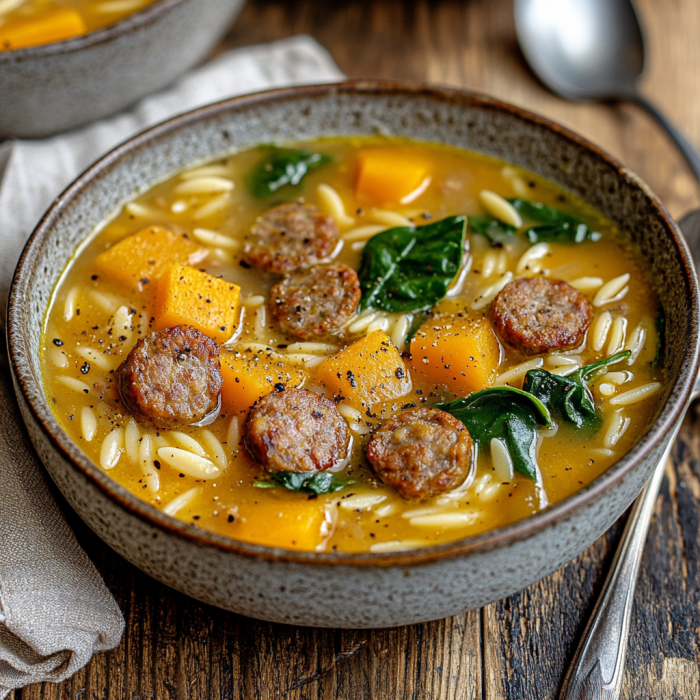 Hearty Butternut Squash and Sausage Soup 3 inesboulila A bowl of butternut squash and sausage soup featuri e4f46242 591a 407c 9d4c fb02a85e87bd
