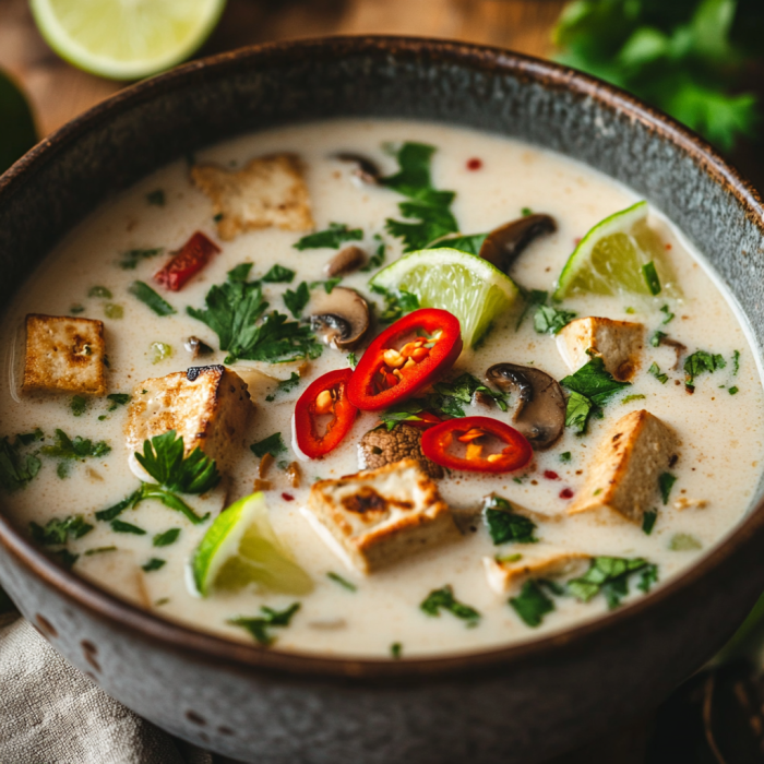 Vegan Tom Kha Soup Recipe 3 inesboulila A bowl of creamy coconut soup with tofu mushrooms a 397f2c2c c103 42ed bd07 840beba39284