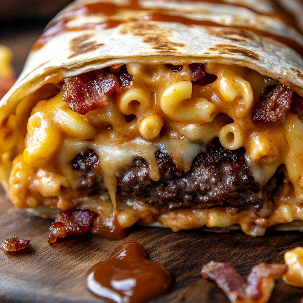BBQ Bacon Mac & Cheese Burger Wraps – Ultimate Comfort Food 2 inesboulila A close up shot of a BBQ Bacon Mac Cheese Burger W d5db46f4 c334 4bbf b755 3dc37294b343