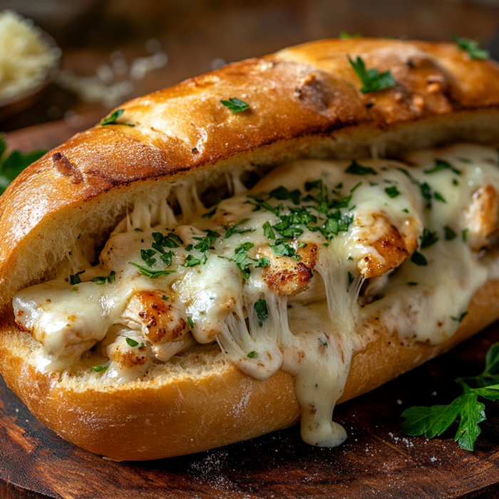 Creamy Chicken Alfredo Stuffed Garlic Bread Subs – Easy & Delicious Recipe 2 inesboulila A golden crispy garlic buttered sub roll sliced ope ba1ba73d e2c4 4461 bd2f b7c83e91cd9a 1