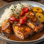 Caribbean Brown Stew Salmon 5 inesboulila A plate of Caribbean Brown Stew Salmon featuring pa 34dce0c1 3275 445b 88cd 1541acafb646