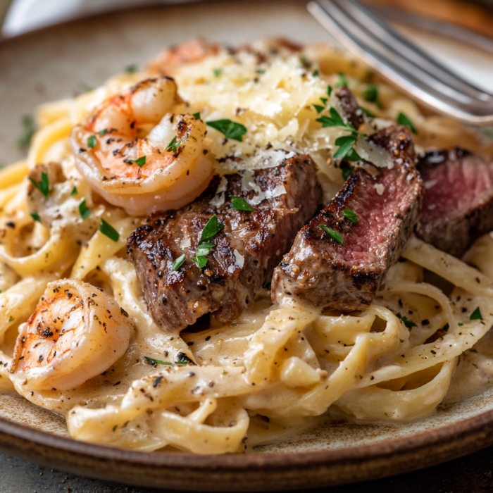 Quick and Easy Cajun Shrimp and Steak Alfredo Recipe 2 inesboulila A plate of Quick and Easy Cajun Shrimp and Steak Al f53ce4e8 33c1 4f2b bbcb f72dfac17b35