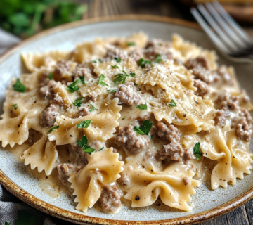 Comforting Creamy Pasta Dish with Beef: Family Favorite 10 inesboulila A plate of creamy bowtie pasta with savory ground b 03bf285b 91f5 4848 8ffa 5e7c96fb68e5