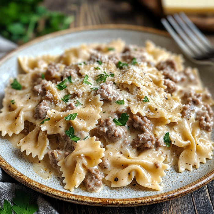 Comforting Creamy Pasta Dish with Beef: Family Favorite 2 inesboulila A plate of creamy bowtie pasta with savory ground b 03bf285b 91f5 4848 8ffa 5e7c96fb68e5