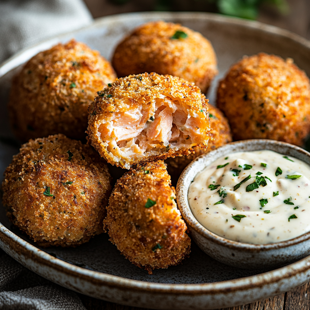 Flavor-Packed Crispy Salmon Croquettes Recipe 2 inesboulila A plate of freshly fried crispy salmon croquettes g 724e90b2 df51 44fc 9dbe 8ddfdf71fe5a
