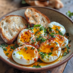 Jammy Eggs with Chili Butter and Garlic Yogurt 5 inesboulila A plate of jammy eggs their golden yolks perfectly 99f33ef1 b9e0 4984 ab23 ac171bbd7346