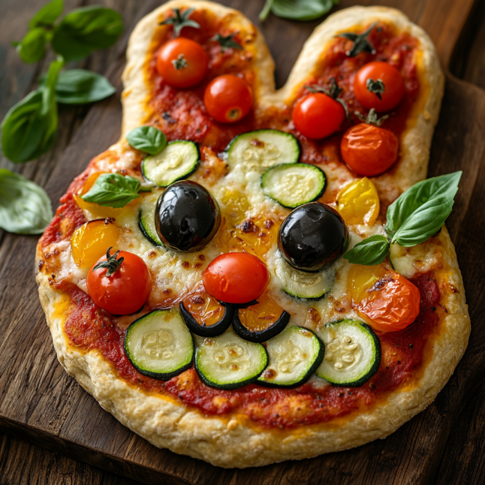 Easter Bunny Veggie Pizza – A Healthy Holiday Treat 3 inesboulila A playful Easter Bunny shaped veggie pizza with a g 07cac9d3 e713 4c9d a2ee a8b7d8d70d75