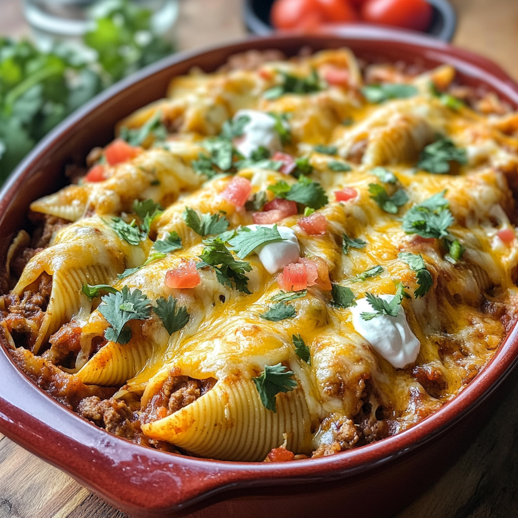 Taco Stuffed Shells 2 inesboulila A rustic ceramic baking dish filled with taco stuff ed4e5a2f b2f5 4125 804c 9328aef9b700