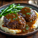 Salisbury Steak with Brown Gravy – Savory, Classic Comfort Food 3 inesboulila A rustic ceramic plate featuring two juicy Salisbur c8000afe 10a1 4f1e 96f8 3c0d280781fe