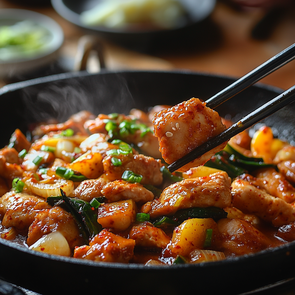 Dak Galbi Recipe 3 inesboulila A sizzling pan of freshly cooked Dak Galbi featurin 0fb7d3e0 dc1f 4227 be40 c4a7a883e658