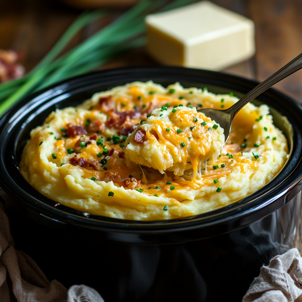 Effortless Cooking with Slow Cooker Cheesy Potatoes Recipe for Simple & Delicious Family Meals 3 inesboulila A slow cooker filled with rich creamy mashed cheesy 7dc7aca2 8a32 4187 8b01 05336b1aa2f5