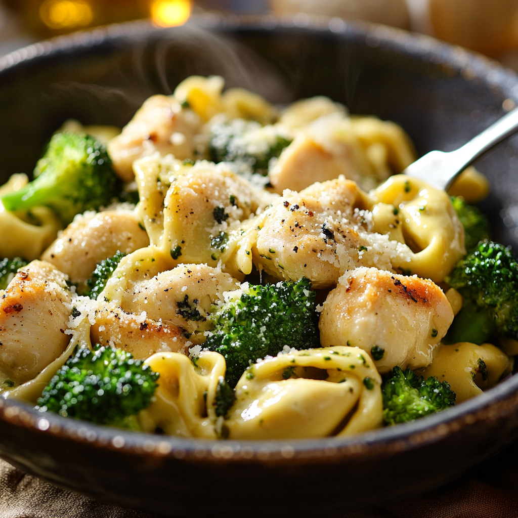 Garlic Parmesan Tortellini with Chicken and Broccoli – Creamy, Flavorful Comfort Food 2 inesboulila A steaming bowl of Garlic Parmesan Tortellini with afce9594 5fe5 461b b0b7 07c2f702154e