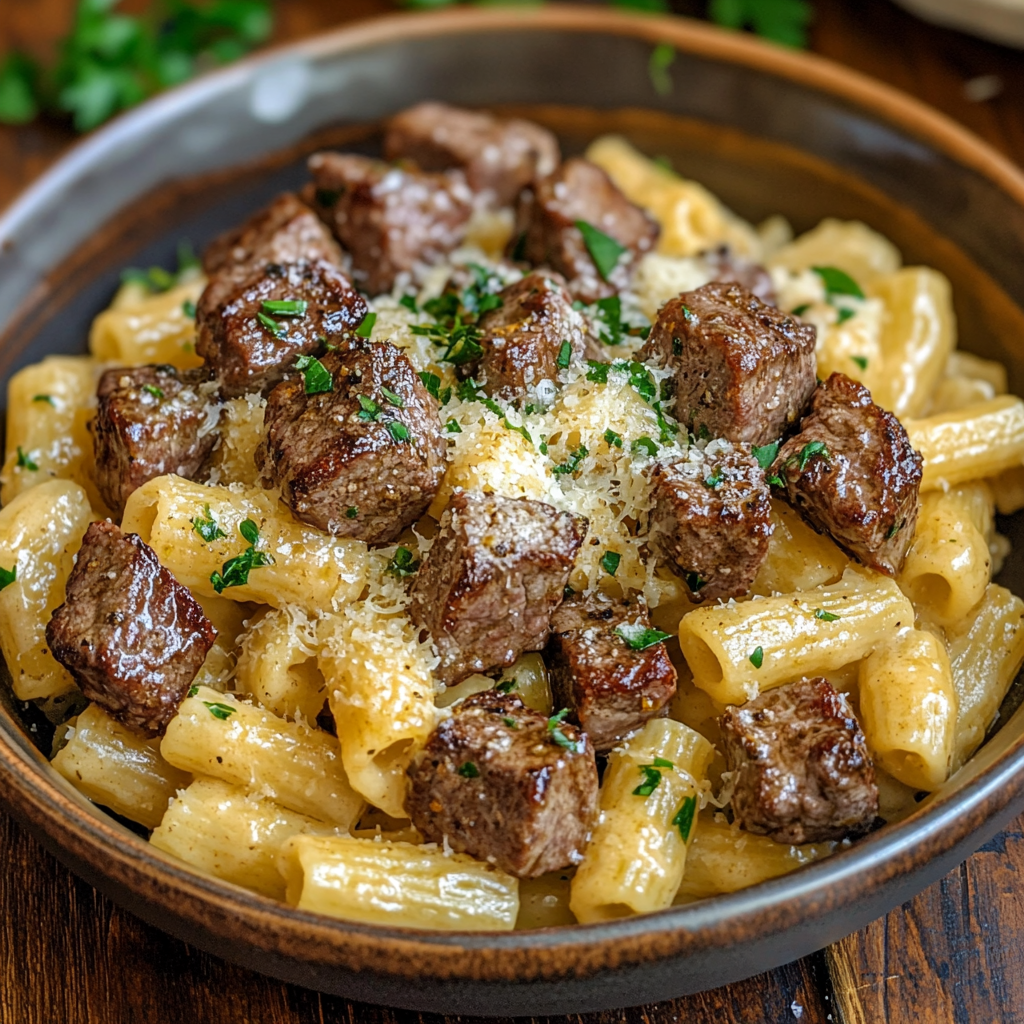 Garlic Butter Steak Bites with Creamy Parmesan Pasta 3 inesboulila A steaming plate of Garlic Butter Steak Bites with 63ba6a1f dd92 4bf4 9da1 6888dbea86b1