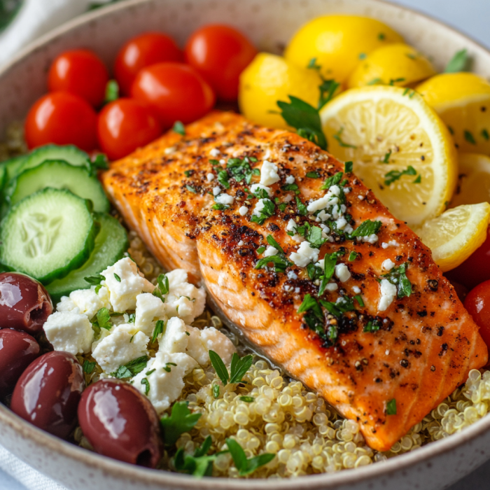 Mediterranean Salmon Bowl – A Fresh & Flavorful Meal! 3 inesboulila A vibrant Mediterranean salmon bowl featuring a per 63d62ead a266 4419 9f3b 0755d7501b3a