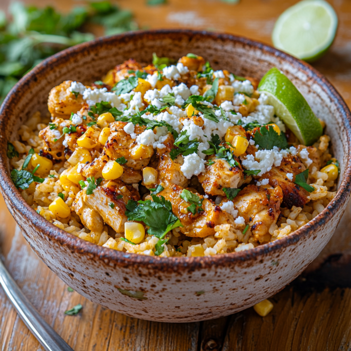 Flavor-Packed Street Corn Chicken Rice Bowl 3 inesboulila A vibrant Street Corn Chicken Rice Bowl featuring t 77ed6b63 4267 4501 aa7a 99795737979d