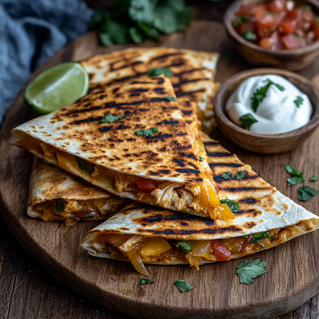 Easy Chicken Fajita Quesadilla 3 inesboulila Golden crispy quesadilla cut into triangles reveali d4171f1d edbc 4e09 bf40 083fee09d99d