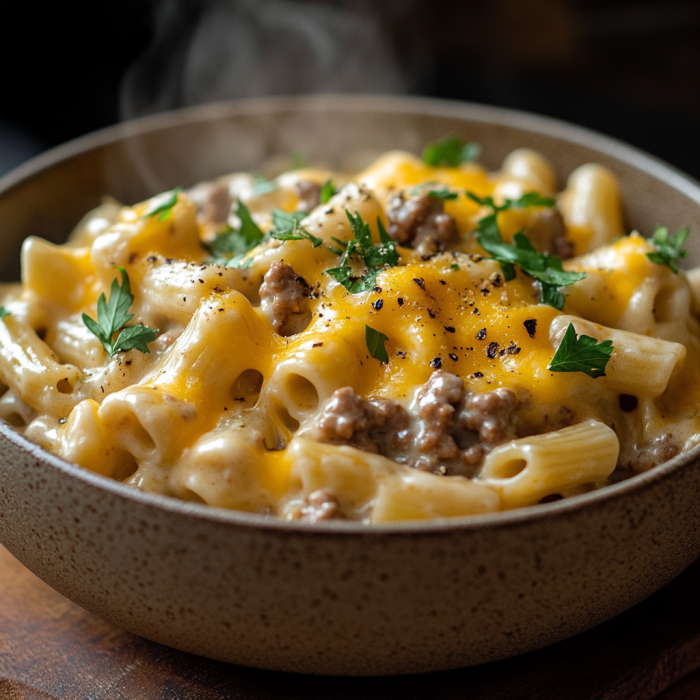 Simple One-Pot Cheeseburger Pasta Recipe with Minimal Effort 3 inesboulila One pot cheeseburger pasta served in a deep rustic 4c27f683 9c93 4414 8f40 c9bcfb17842a