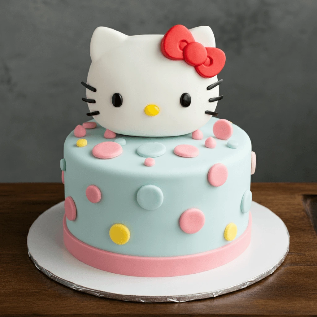 A vibrant Hello Kitty-themed cake featuring pastel pink frosting, edible Hello Kitty decorations, and a fondant bow.