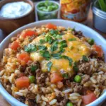 A skillet filled with cheesy taco rice, featuring seasoned ground beef, fluffy rice, melted cheese, and garnished with fresh cilantro. A hearty and flavorful one-pot meal perfect for weeknights or potlucks.