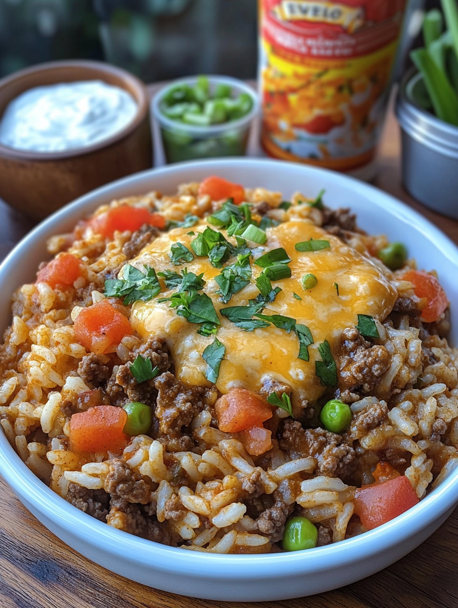 A skillet filled with cheesy taco rice, featuring seasoned ground beef, fluffy rice, melted cheese, and garnished with fresh cilantro. A hearty and flavorful one-pot meal perfect for weeknights or potlucks.