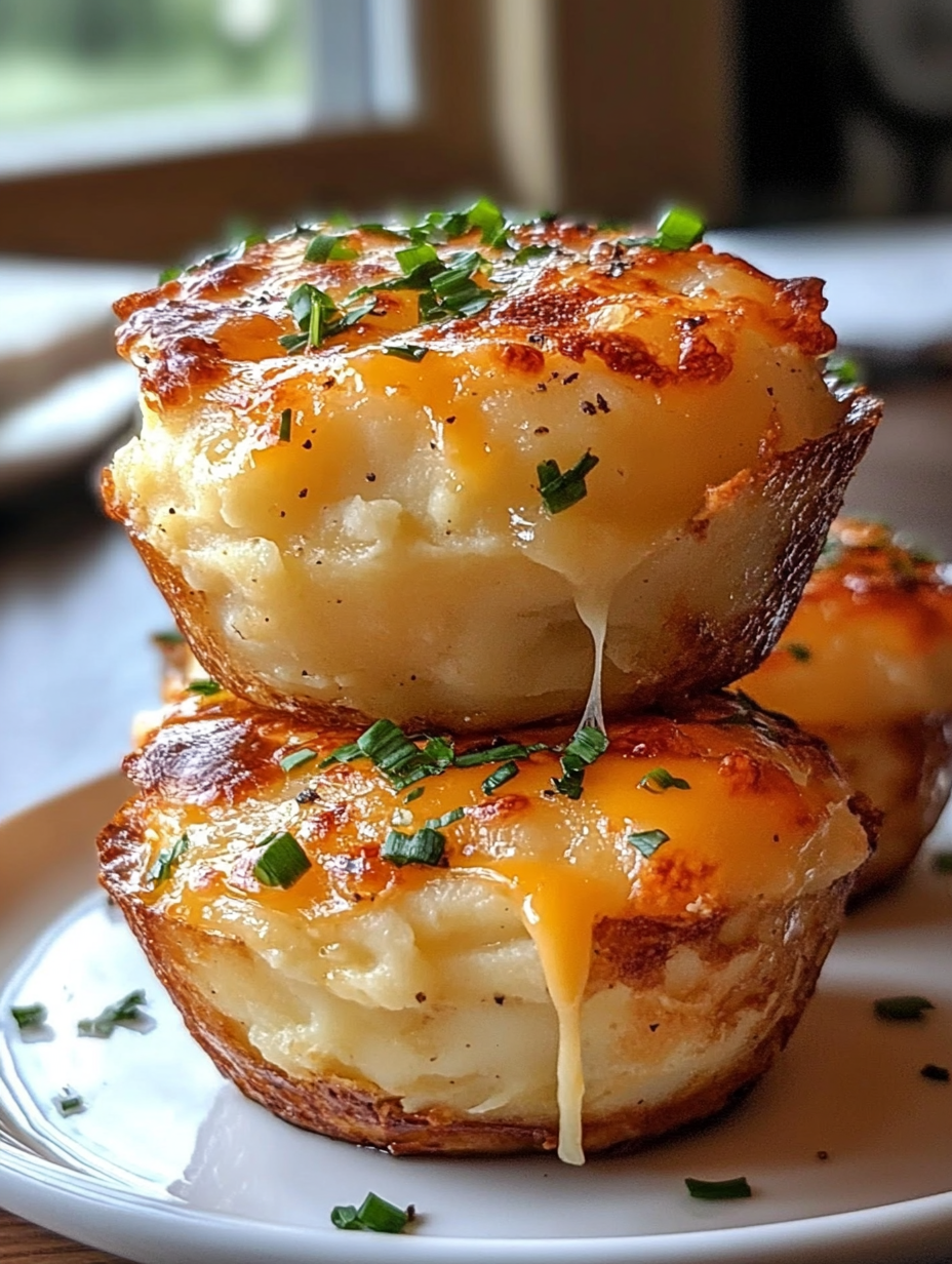 Golden, crispy Cheesy Mashed Potato Puffs served in a muffin tin, garnished with fresh chives, showcasing their soft, cheesy interior.